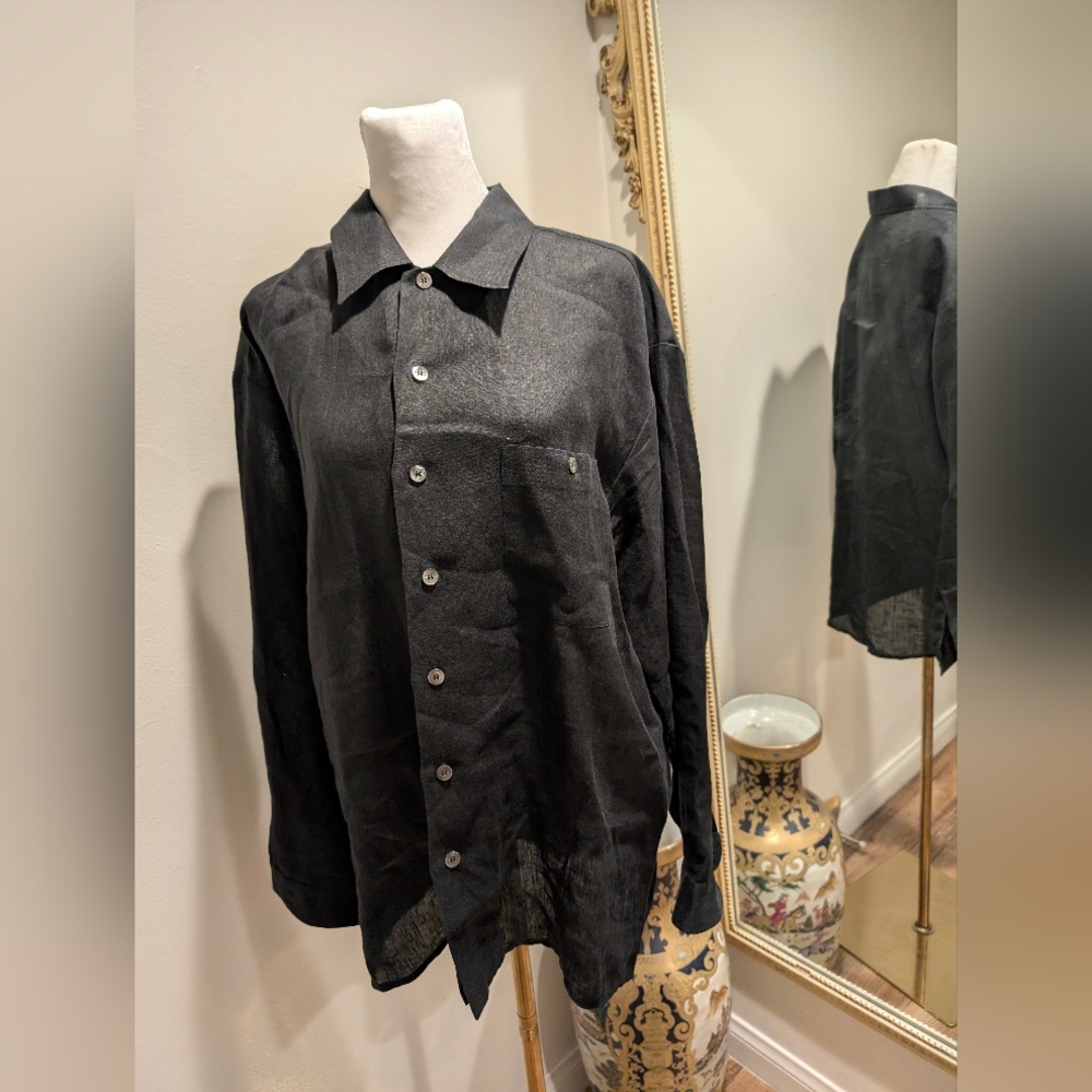 BYBLOS Vintage Italian Size IT50/USL Black 100% Linen 1 Pocket Long Sleeve Shirt